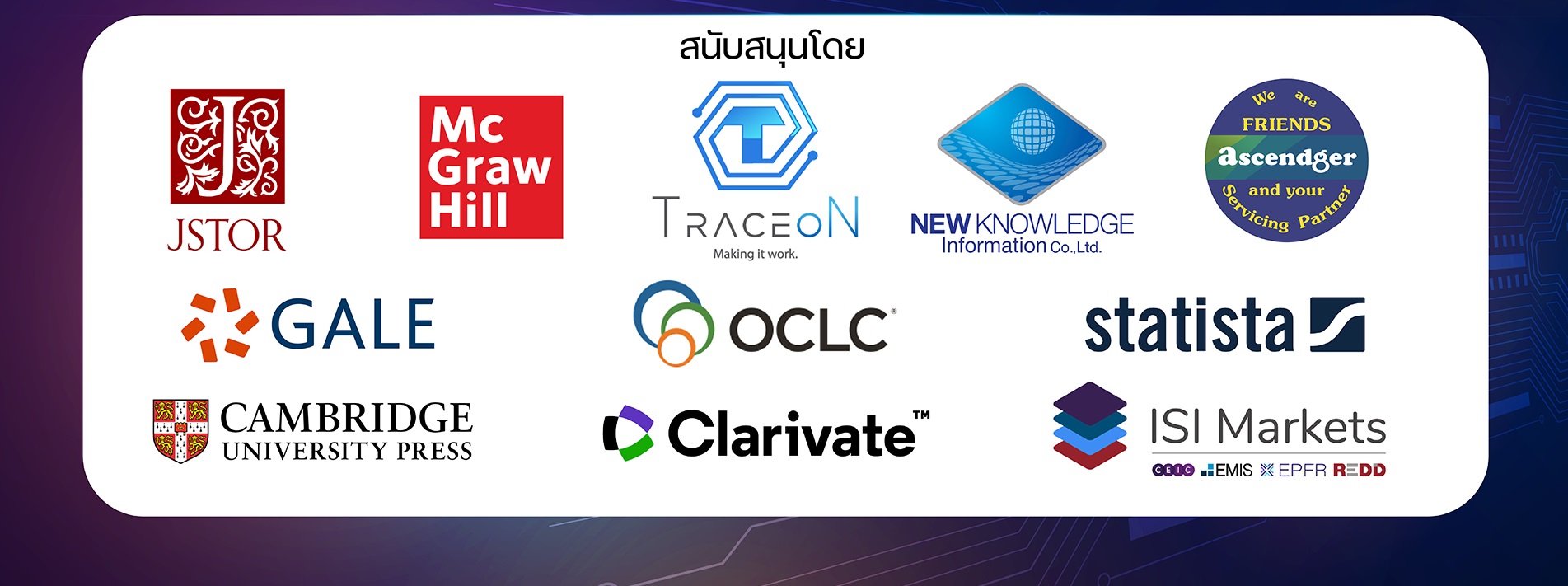 ผู้สนับสนุนงานสัมมนา: JSTOR, McGraw Hill, GALE, OCLC, Clarivate, Statista, ISI Markets, Cambridge University Press, Ascendger, NEW KNOWLEDGE, TraceON